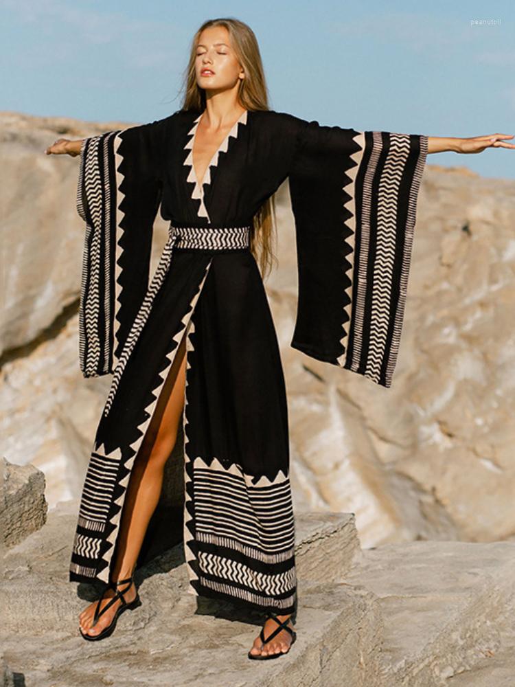 

Women's Swimwear Beach Kimono Women Summer Super Wide Sleeve Self Belted Wrap Dresses Geometric Printed Fashion Bathing Suits Pareo, Black beach kimono