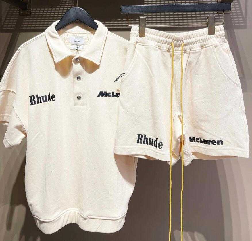 

2023s Men Men' T-shirts 22ss Rhude Letter Embroidery Lapel Pullover T-shirt Sleeve High Street Couple Loose Round Neck Fog Fashion, Apricot short sleeve