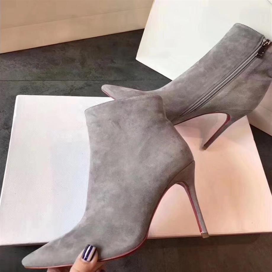 

Designer women's boots top quality leather red suede bottom zipper LACES fashion luxury heels285P, Grey-1