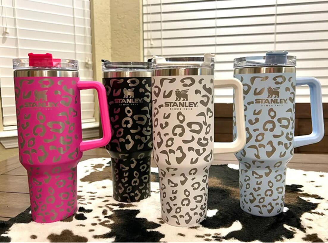 

stanley PINk quencher 40oz tumbler Leopard Print stainless steel with Logo handle lid straw big capacity beer mug water bottle coating outdoor camping cup GJ0510, Multi-color