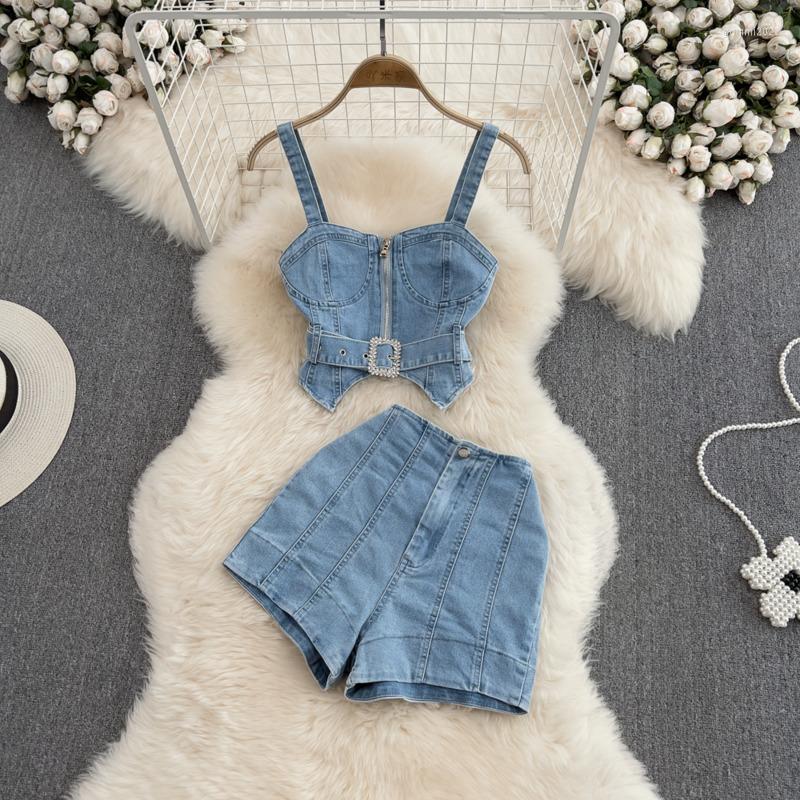 

Women' Tracksuits PREPOMP 2023 Sleeveless Zipper Slim Denim Tank Top Vest Rhinestone Buckle Belt Wide Leg Shorts Two Piece Set Outfits, Blue