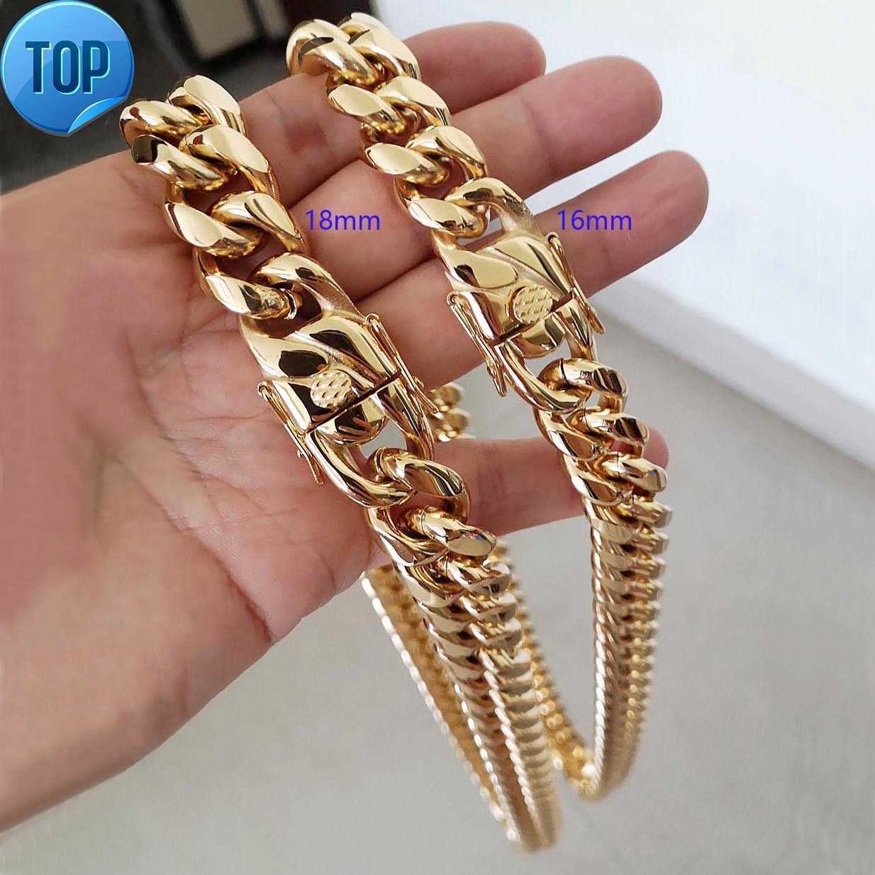

16MM 18MM Men Hip Hop Cuban Link Necklaces Bracelets 316L Stainless Steel Choker Jewelry High Polished Casting Chains Double Safety Clasps, Gold 18mm