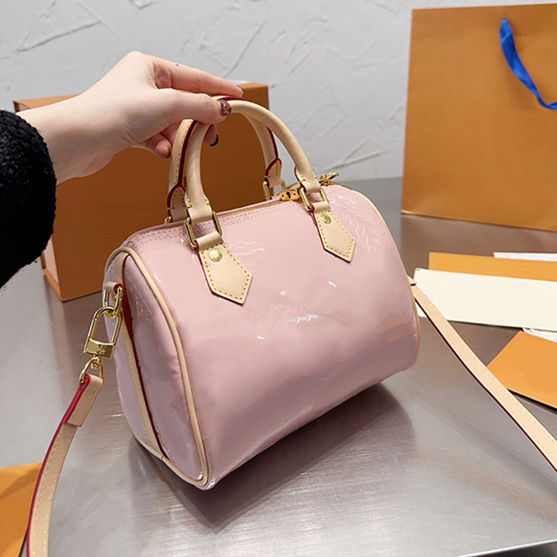

20cm Speedy Pillow Crossbody Bag Women Handbags Purse Patent Leather Removable Strap Fashion Letters Gold Hardware Zipper Closure Lady Shoulder Bags