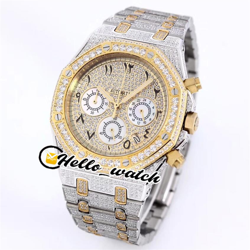 

Full Iced Out Diamond Watches Pave Two Tone Yellow Gold Arabic Numerals Markers Dial VK Quartz Chronograph Mens Watch Sport Hello 234O, Waterproof service