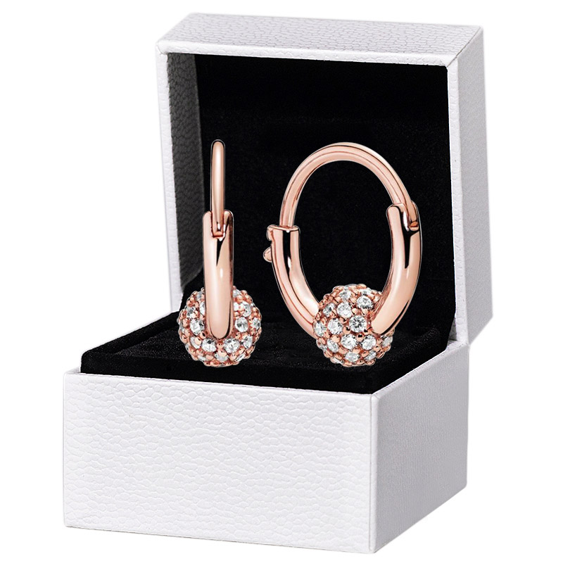 

Rose Gold Pave Bead Hoop Earrings for Pandora 925 Sterling Silver Wedding Party Jewelry For Women Girlfriend Gift CZ Diamond designer Earring with Original Box
