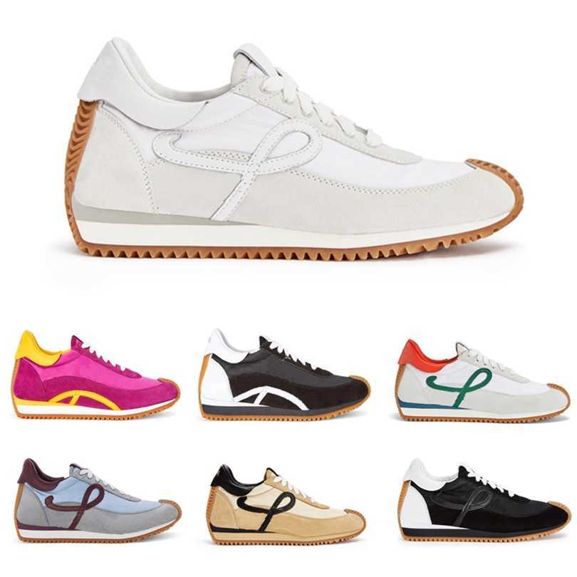 

Mens Womens Loews Luxury Casual Shoes Flow Runner in nylon suede Lace up sneaker soft upper honey rubber wave sole that curves around the toe and heel L monograms side, Option 36