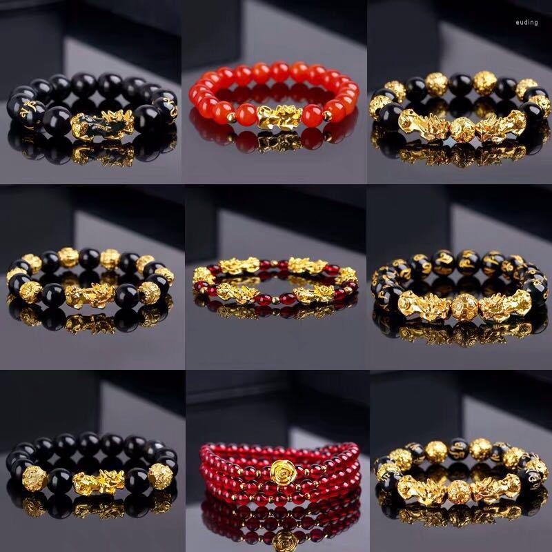 

Charm Bracelets Feng Shui Obsidian Stone Beads Bracelet For Men Women Wristband Gold Color Black Pixiu Wealth Good Luck Jewelry Gifts