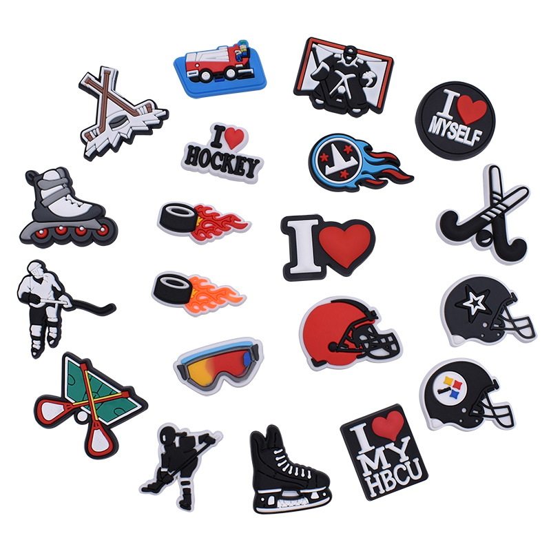 

Anime charms wholesale childhood memories Ice hockey funny gift cartoon croc charms shoe accessories pvc decoration buckle soft rubber clog charms, Equally mixed colors