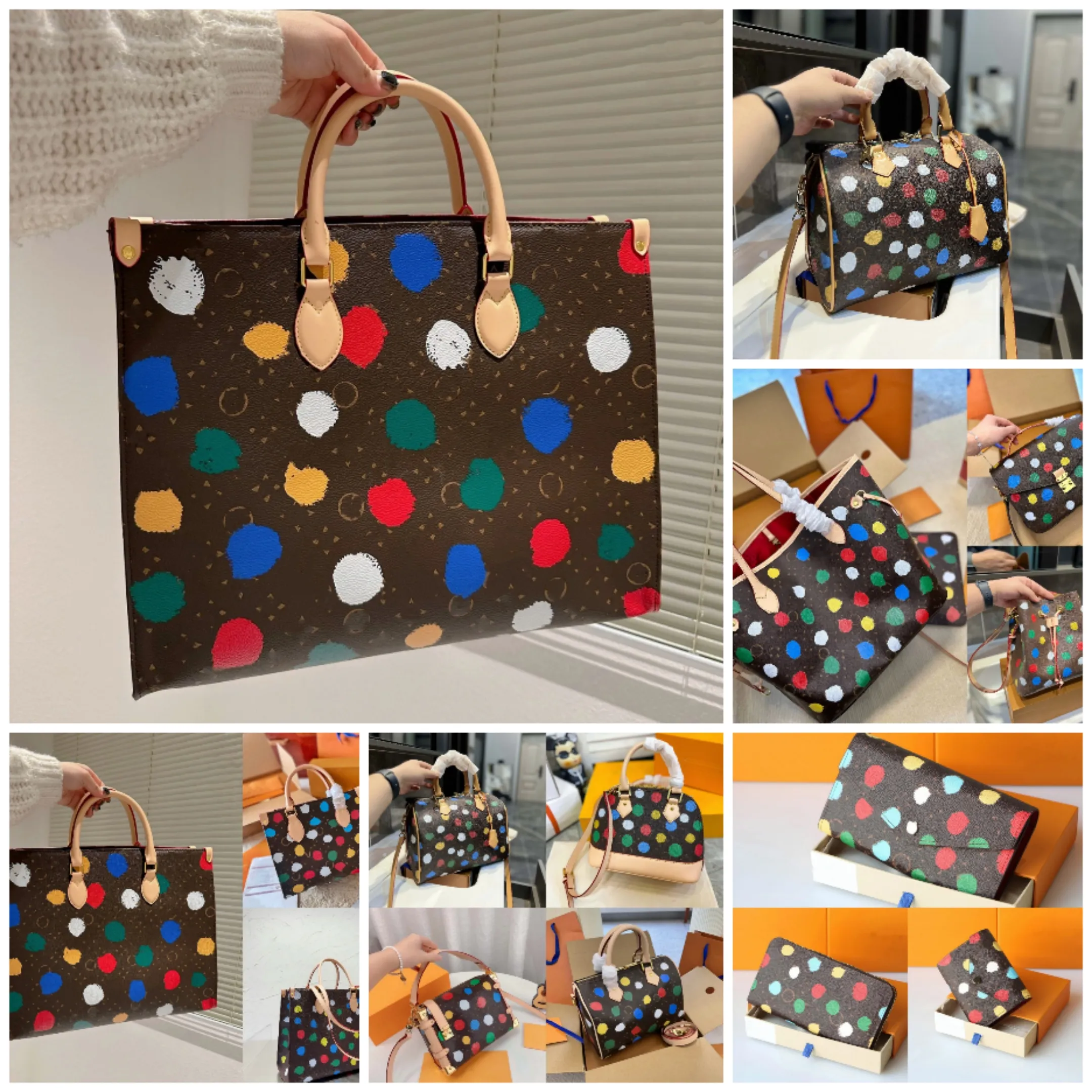 

L 23SS X Yayoi Kusama Multicolor Dot Shoulder Bags Series Speedys 25 Side Trunk Box POCHETTE Totes S-Lock Jacquard Monograms Bucket Onthego BAG Long Zip Wallet, Additional freight