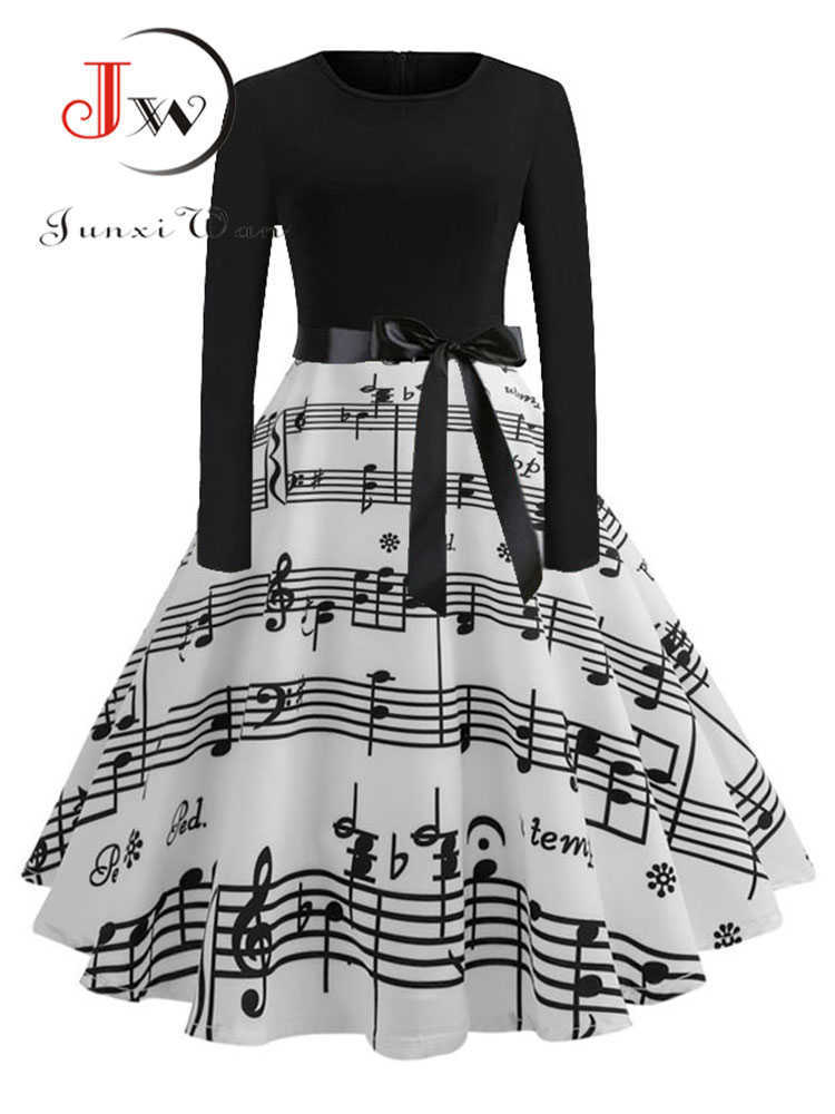 Casual Dresses Music Note Print Elegant Party Dress Women 50s 60s Retro Vintage Robe Rockabilly Winter Midi Y2302-image-848268315