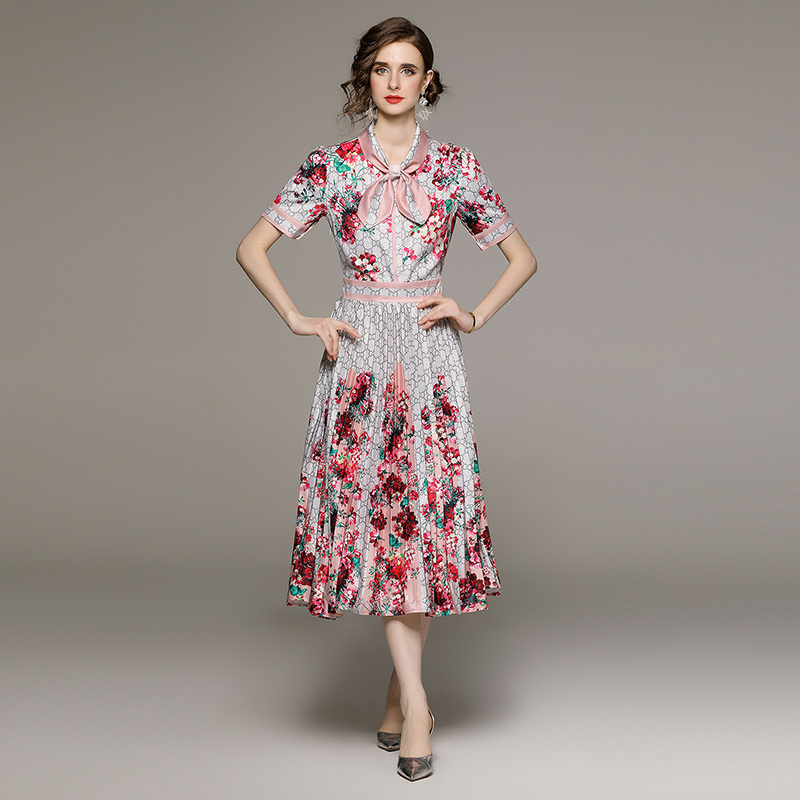 

Summer Bow Tie Neck Floral Pleated Dress 2023 Runway Women Vintage Printed Casual Office Midi Dress Short Sleeve Slim Waist Designer Ladies Party Clothing Spring, 09