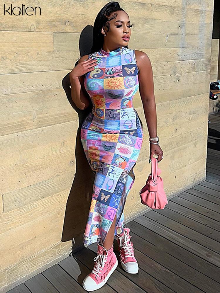 

Casual Dresses KLALIEN Print Maxi Fashion Slim Skinny Stretch Vacation Beach Long Dress Summer Simpel Streetwear Y2K, Multi