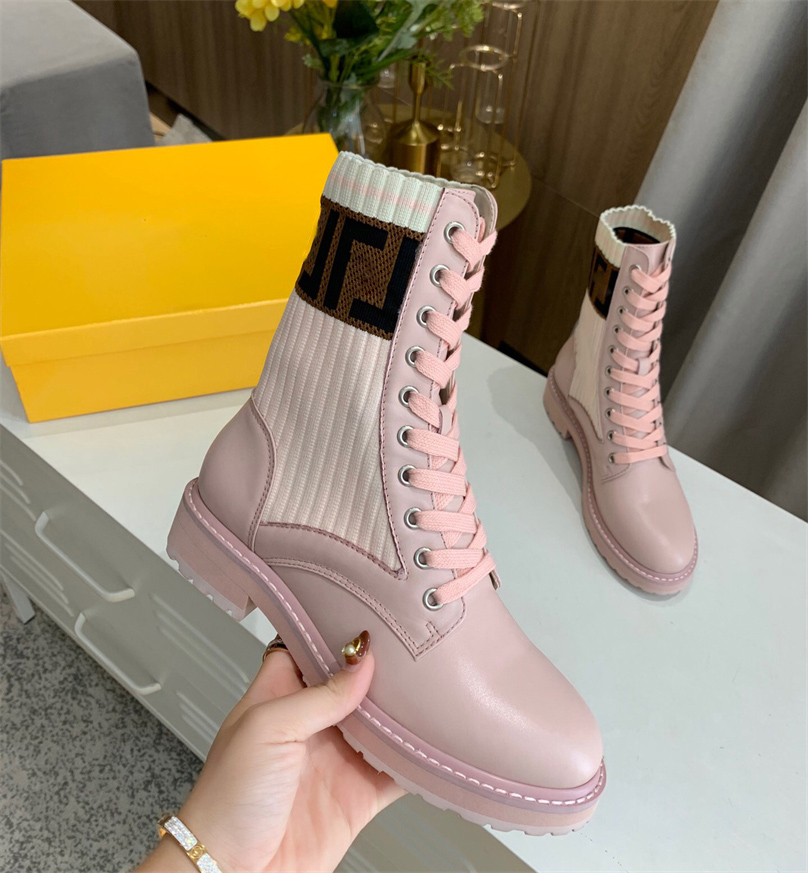 

Women Designer Rockoko Black Leather Biker Boots FF Zucca knitted sock-style flats Stretch Fabric Combat Ankle Boot Sneakers With Original Box