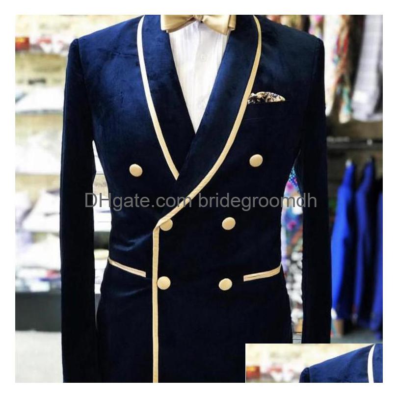 

Tuxedos Navy Blue Double Breasted Groom Shawl Lapel Veet Suits Men Party Blazer Prom Business Designer Jacket Only One Piece Dh1Bh, Burgundy