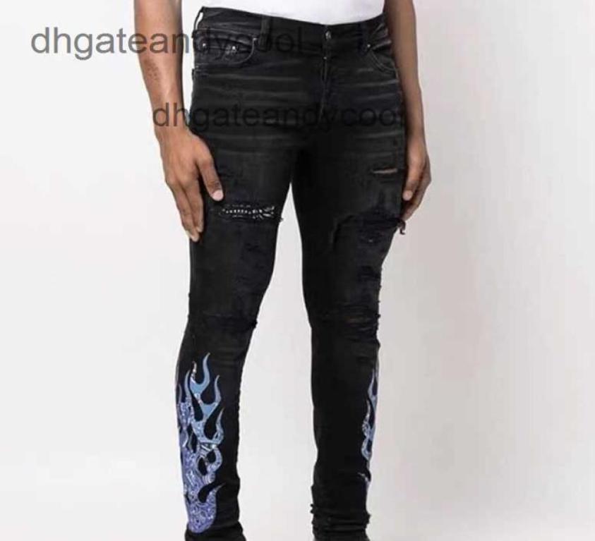 

high mens 2023 brand Jean amirs pant Ch top street tide Jeans washing water designer old black hole patch cashew flame skinned slim fit1279912