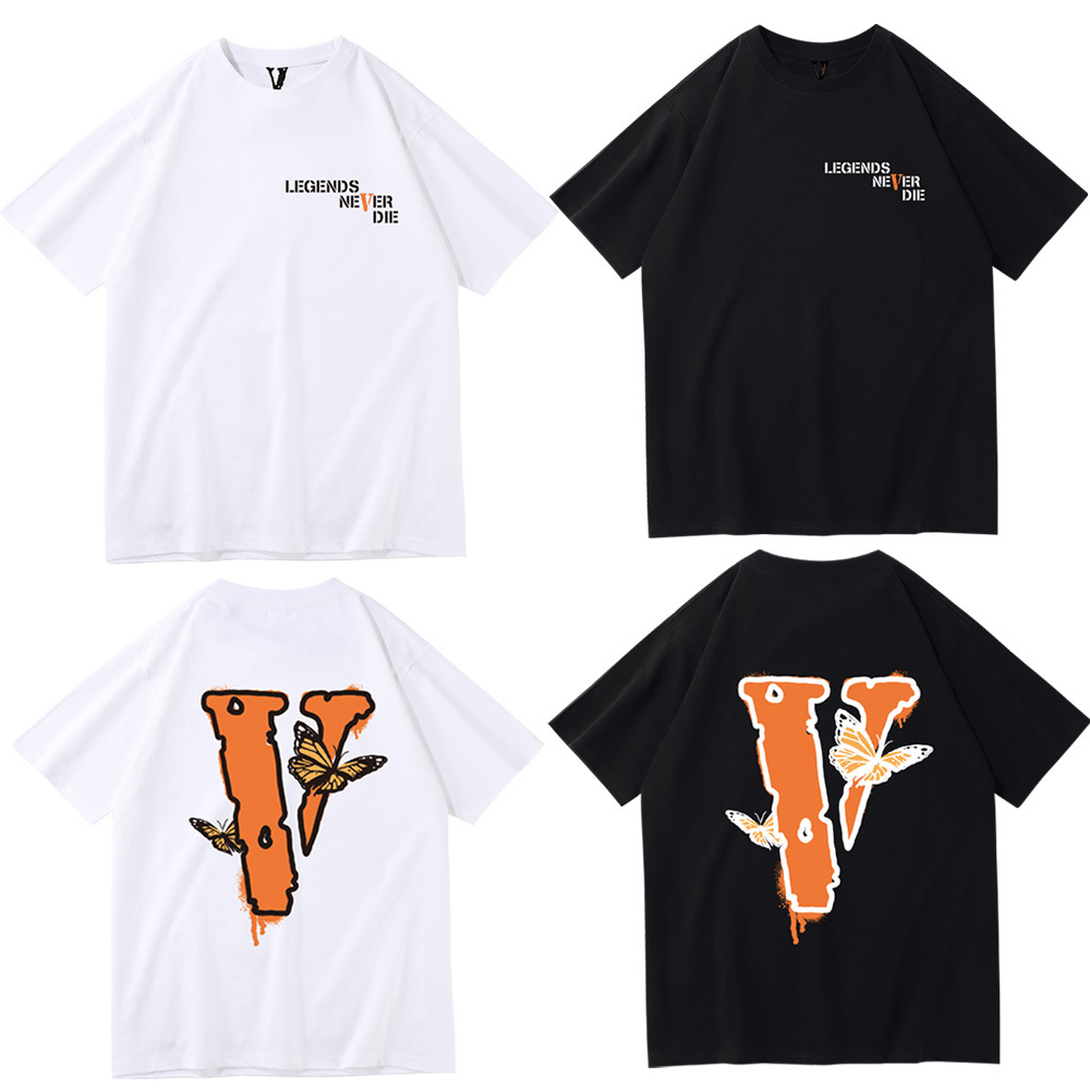 

mens t-shirts Fashion brand vlones half sleeve big V butterfly print loose short sleeve men's and women's loose hip hop T-shirt, Red