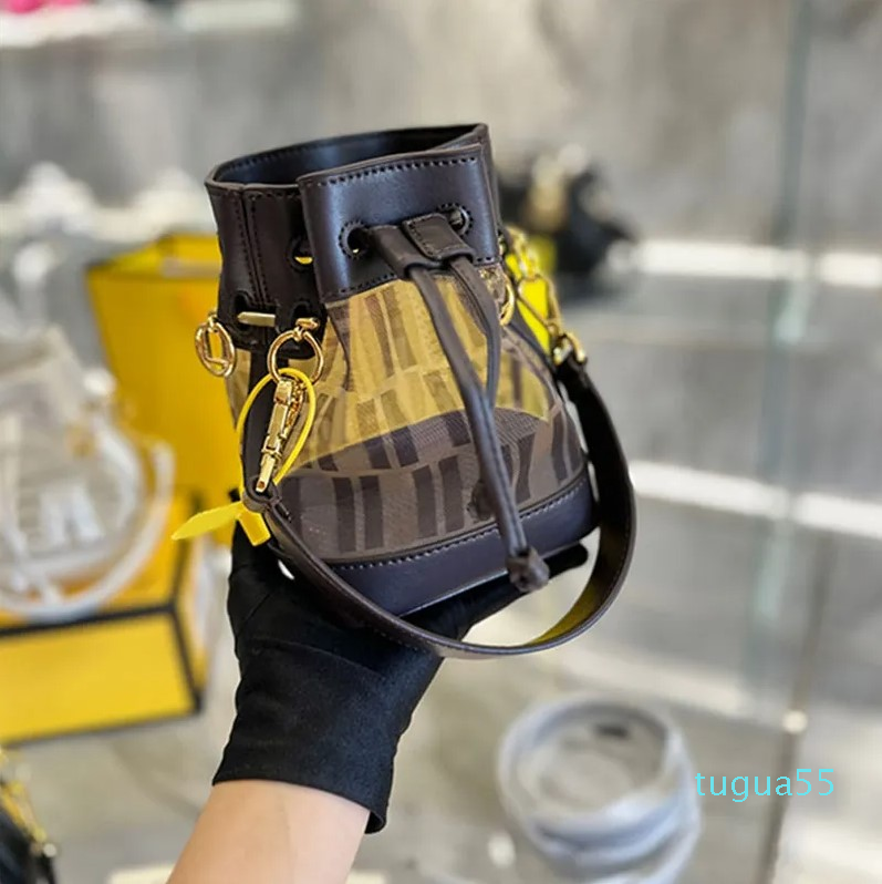 

Designer-Mini Bucket Bag Women Designer Handbag Purse Crossbody Bags Genuine Leather Clear Mesh Patchwork fashion letter Two Detchable Shoulder Strap Tote Drawst, Black