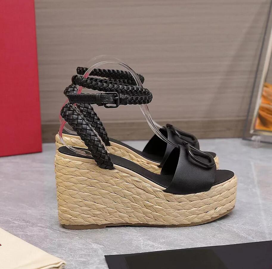 

Summer sandal wedge shoes brand high heel platform Sandals Straw woven wedge ankle strap chunky heels dress shoe Women designer sandals 35-43Box