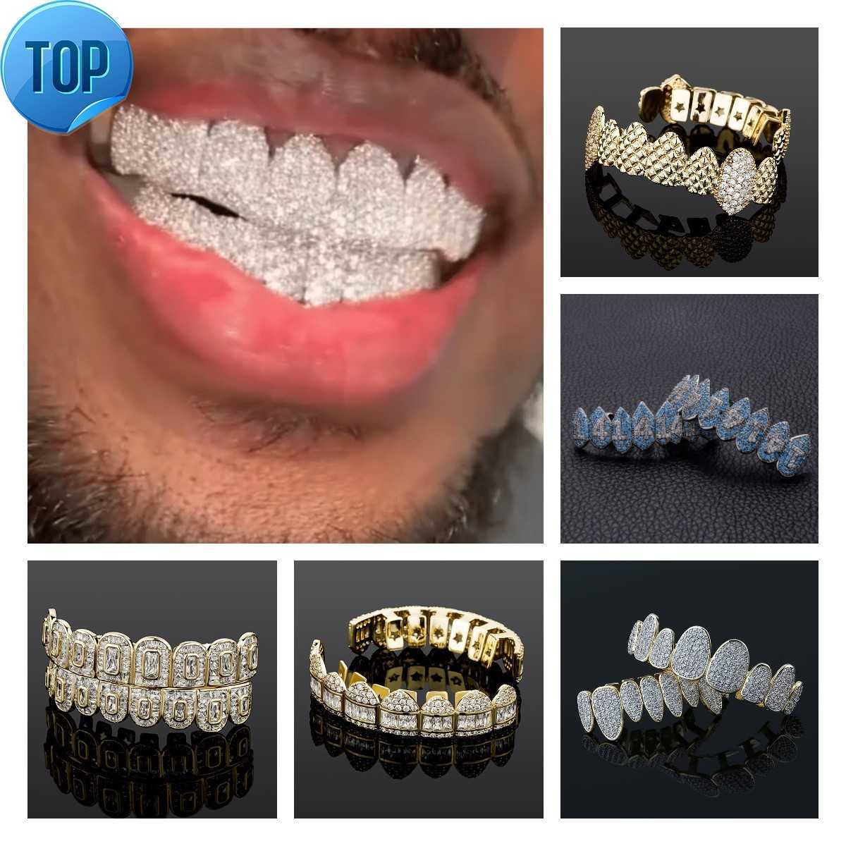 

Iced Out Cubic Zircon Dental Grills Body Jewelry 18K Real Gold Punk Hip Hop Jesus Mouth Fang Grillz Brace Full Diamond Vampire Tooth Cap