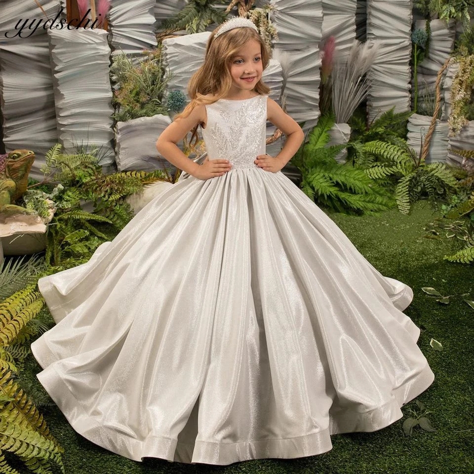 

Luxury Silver Sleeveless Flower Girl Dresses For Wedding 2023 Princess Glitter Sequined Pageant First Communion Gowns With Bow, Same as image