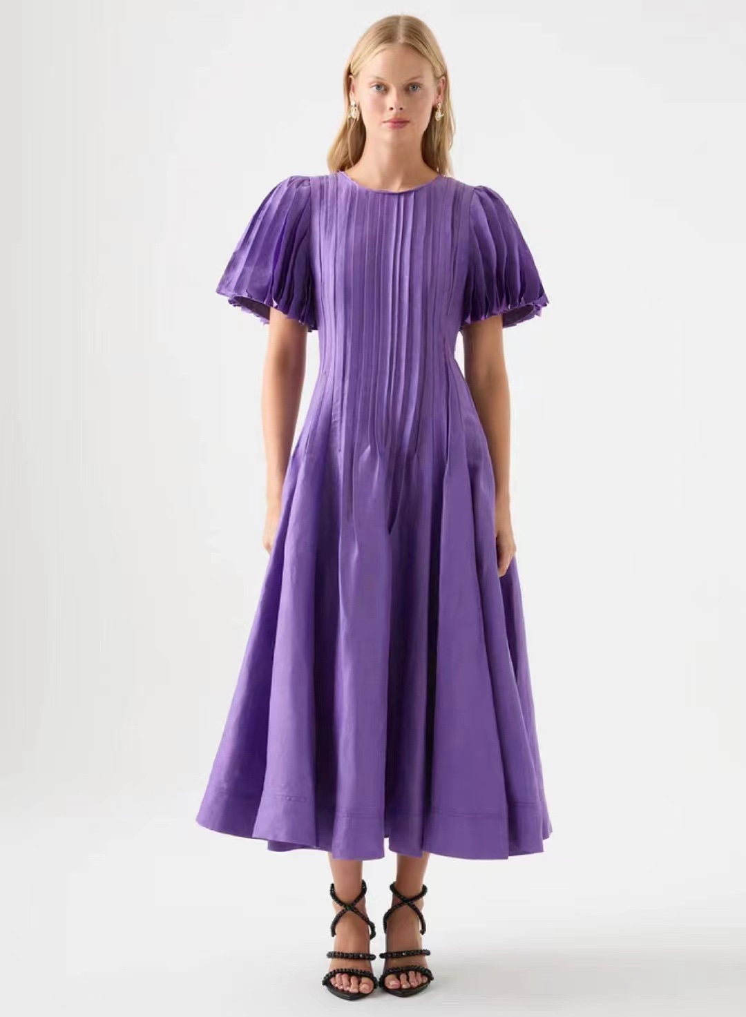 

Women's dress luxury designer Gathered Waist puff sleeve purple long Dress