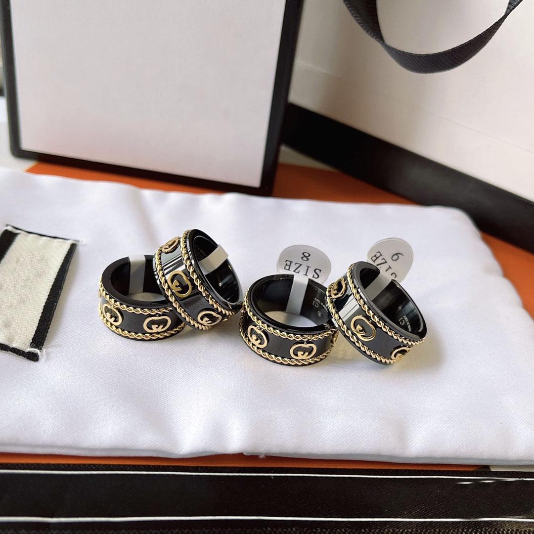 

Luxury Jewelry Designer Band Rings Women man Love Black Charms Wedding Supplies 18K Gold Plated Stainless Steel Ring Fine Finger Ring Embossed stamp Wide Men
