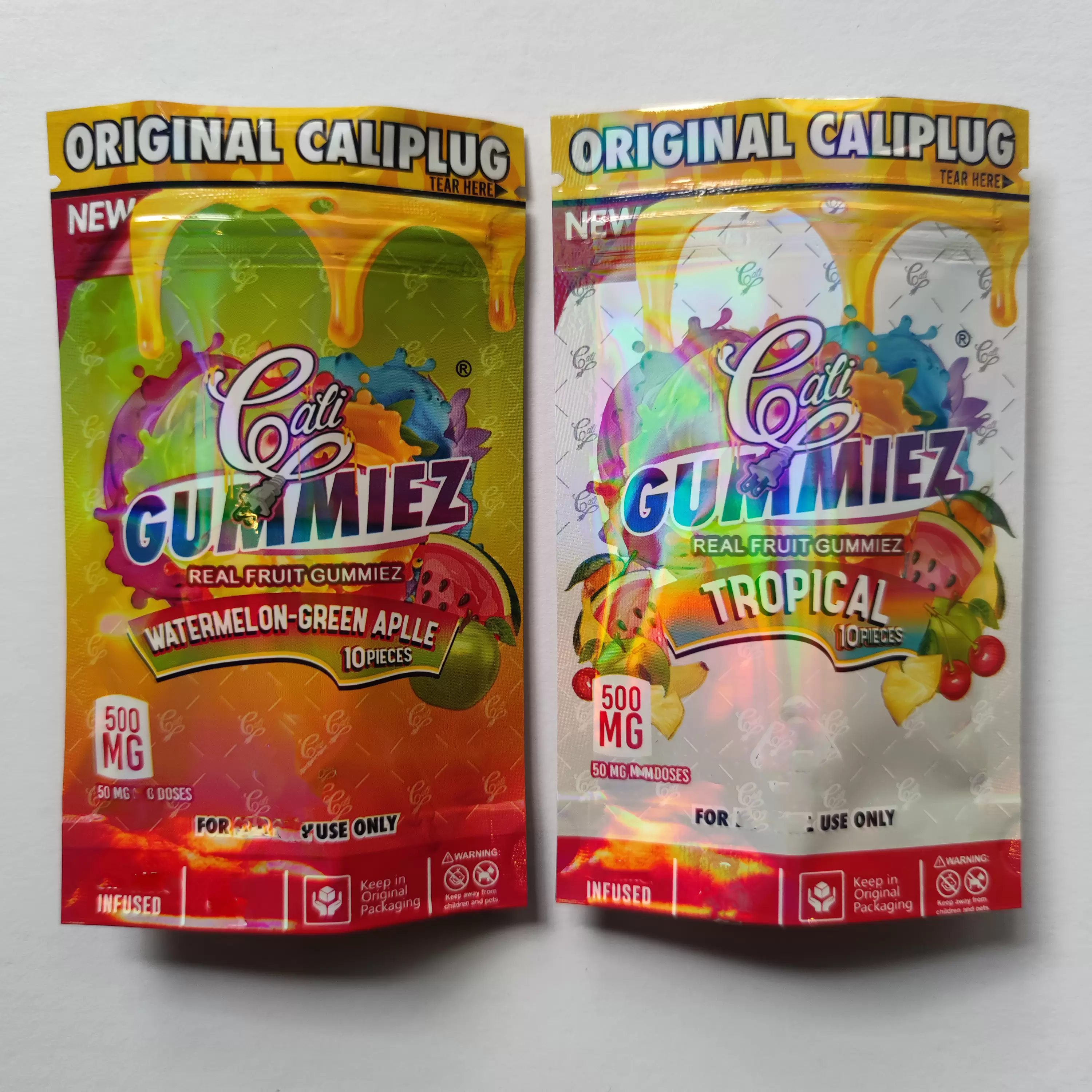 

ORIGINAL CALIPLUG NEW CALI REAL FRUIT GUMMIEZ packing empty bags 500mg 50mg resealable edibles mylar candy gummy packaging pack bag gummies Dry flower package