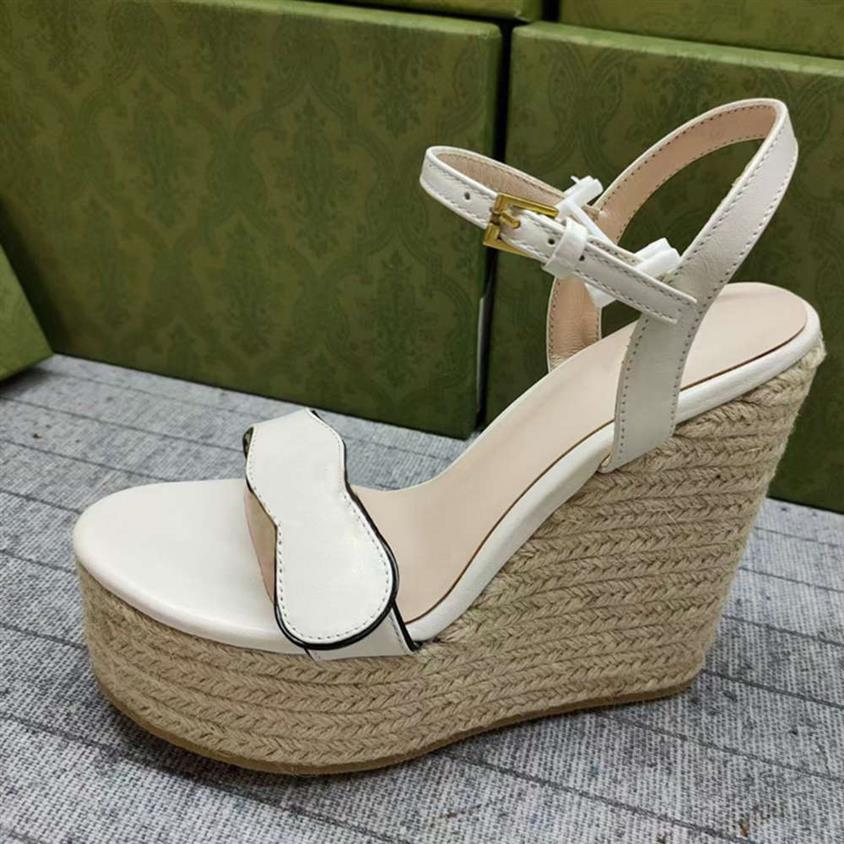 

Wedge sandals Women platform espadrille Black leather High Heels Double G sandal Summer Beach Sexy Wedding Shoes With Box 35-42209N, Color 6