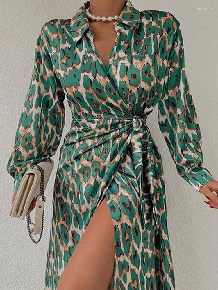 

Casual Dresses Leopard Print Split Women' Dress Lace-Up Elegant Office Ladies V-neck Long Sleeve For Women 2023 Party Holiday Clothes, Black