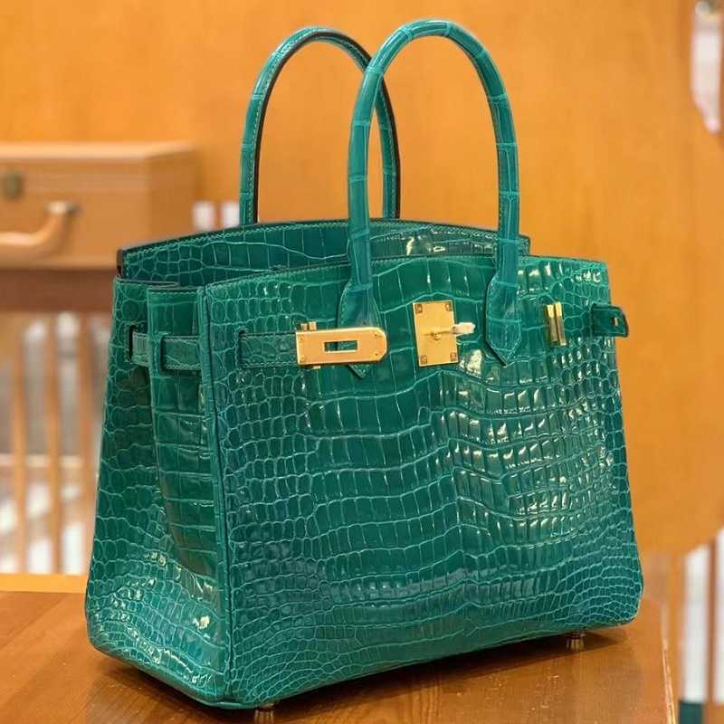 

women totes birkins All hand sewn women's bag luxury leather high gloss Bay crocodile bag 30 inverted V lock bag emerald green, Emerald green gold buckle