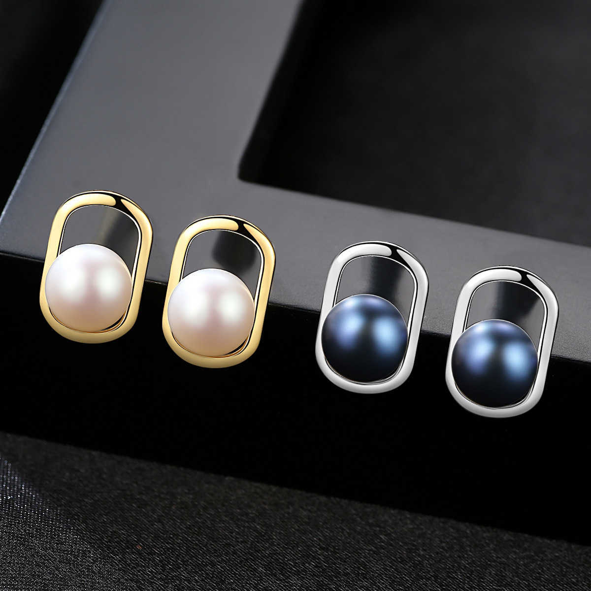 

Earings Pag&mag freshwater Black Pearl Earrings S925 Sterling Silver steamed bun beads Korean version creative geometric women's