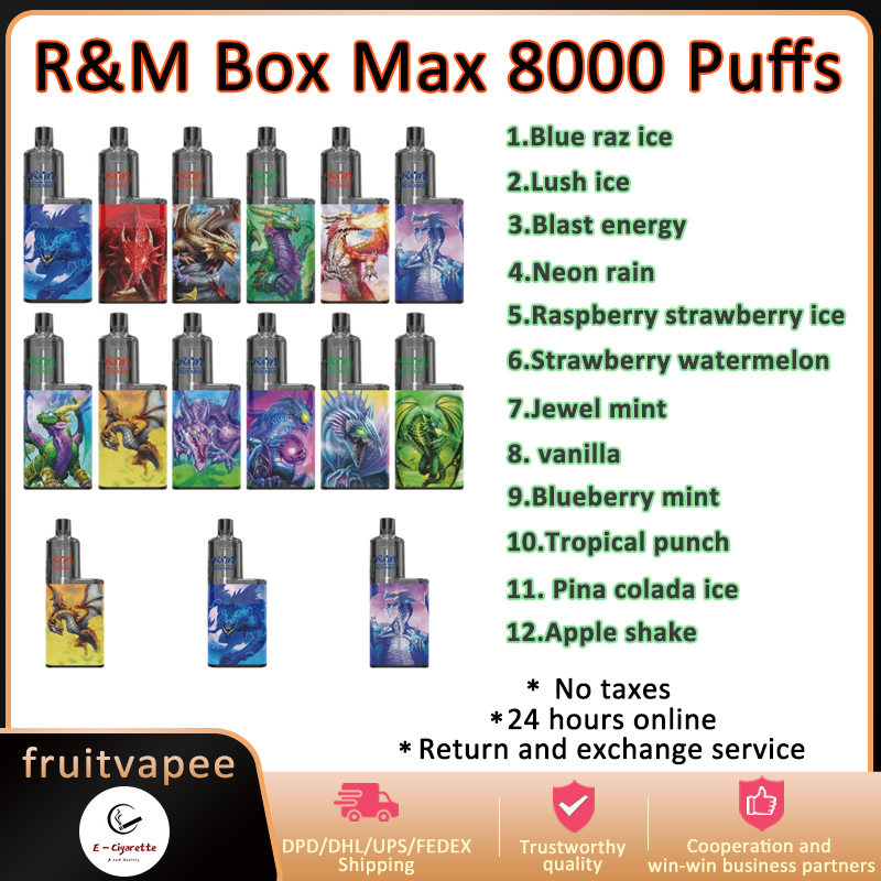 

Original Disposable E Cigarettes R&M BOX MAX 8K Puffs RM classic box MOD with visual oil tank BOX Vape Puff 8000 Rechargeable 850MAH RGB light on randm