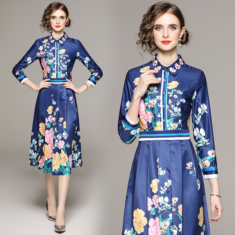 

2023 Party Floral Blue Casual Dress Long Sleeve Women Designer Street Cafe Classic Lapel Elegant Button Shirt Dresses For Woman Office Slim Pleated Midi A-Line Frocks, 15