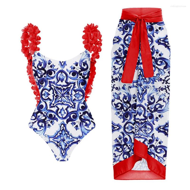 

Women' Swimwear Vintage Women One Piece Swimsuit 3D Floral Bikini Backless Bodysuit Beach Cover Up Dress Bathing Suit Summer Beachwear, Blue