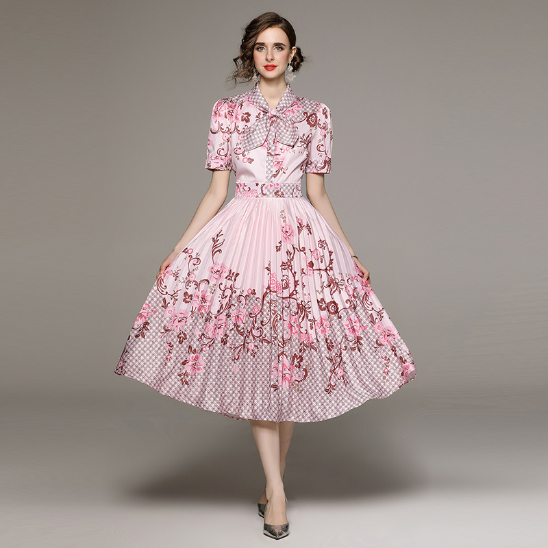 

Bow Tie Neck Pink Dresses Summer Designer Women Short Sleeve Floral Print Pleated Midi Dress Holiday Prom Club Elegant Woman Clothes 2023 Ladies Slim A-Line Frocks