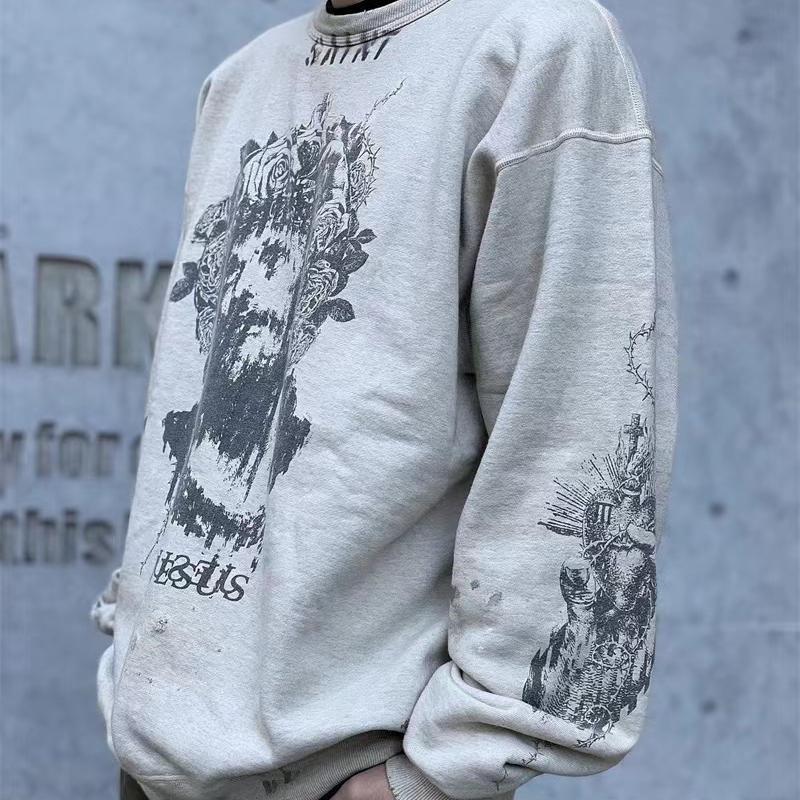 

Mens Sweatshirts Women Retro Graffiti Destroys Portrait High Street Loose Round Neck Sweaters, White