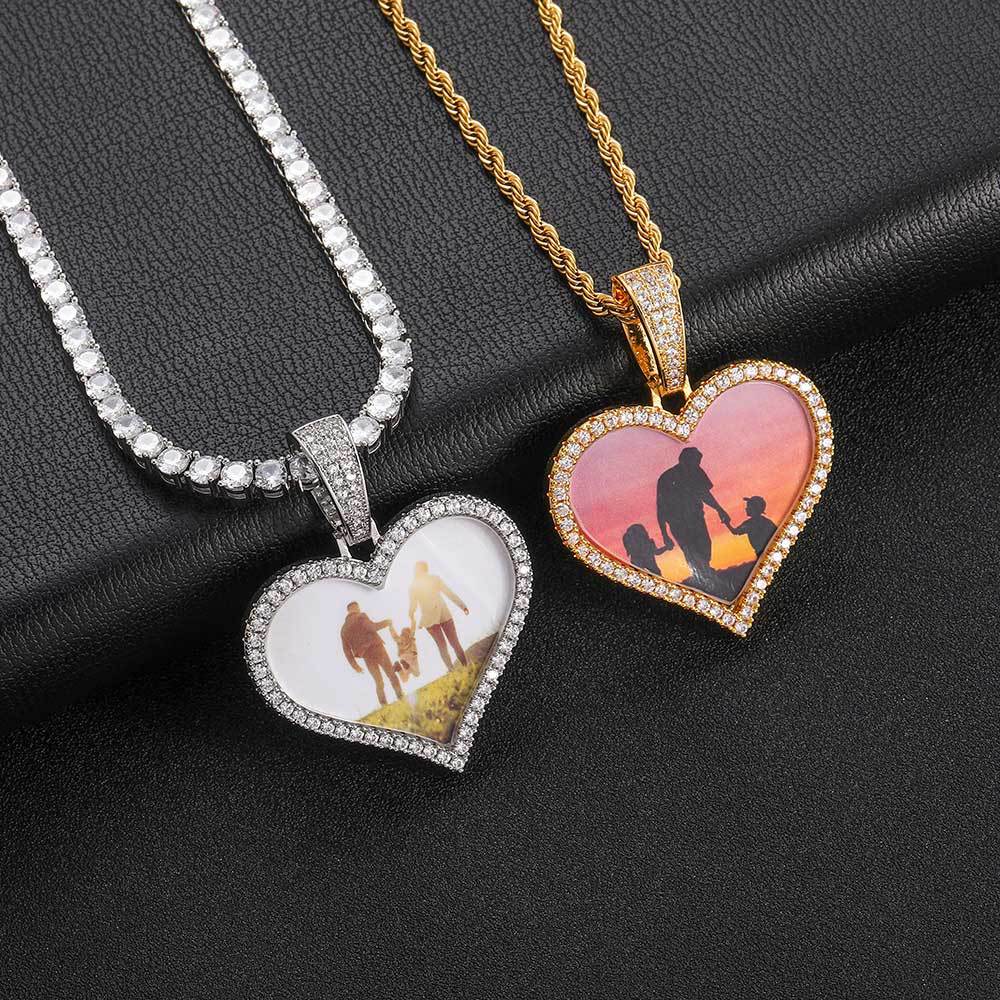 

Lover Heart Custom Photo Pendant Necklaces Bling Memorial Frame Medal Pendants