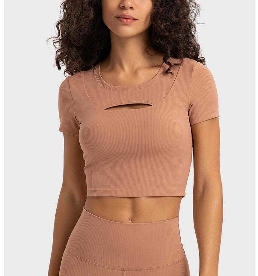 

LU-370 Hollow Yoga Tops Stripped Rib Sexy Short Sports T-shirt Women's Slim Breathable Running Fitness Gym Shirt, Black