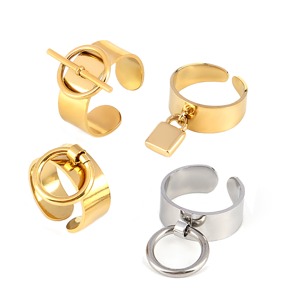 

Stainless Steel Ring Gold Color Wide Ring with Circle Rings Chain Ring For Women Punk Round Geometric Open Finger Rings Jewelry
