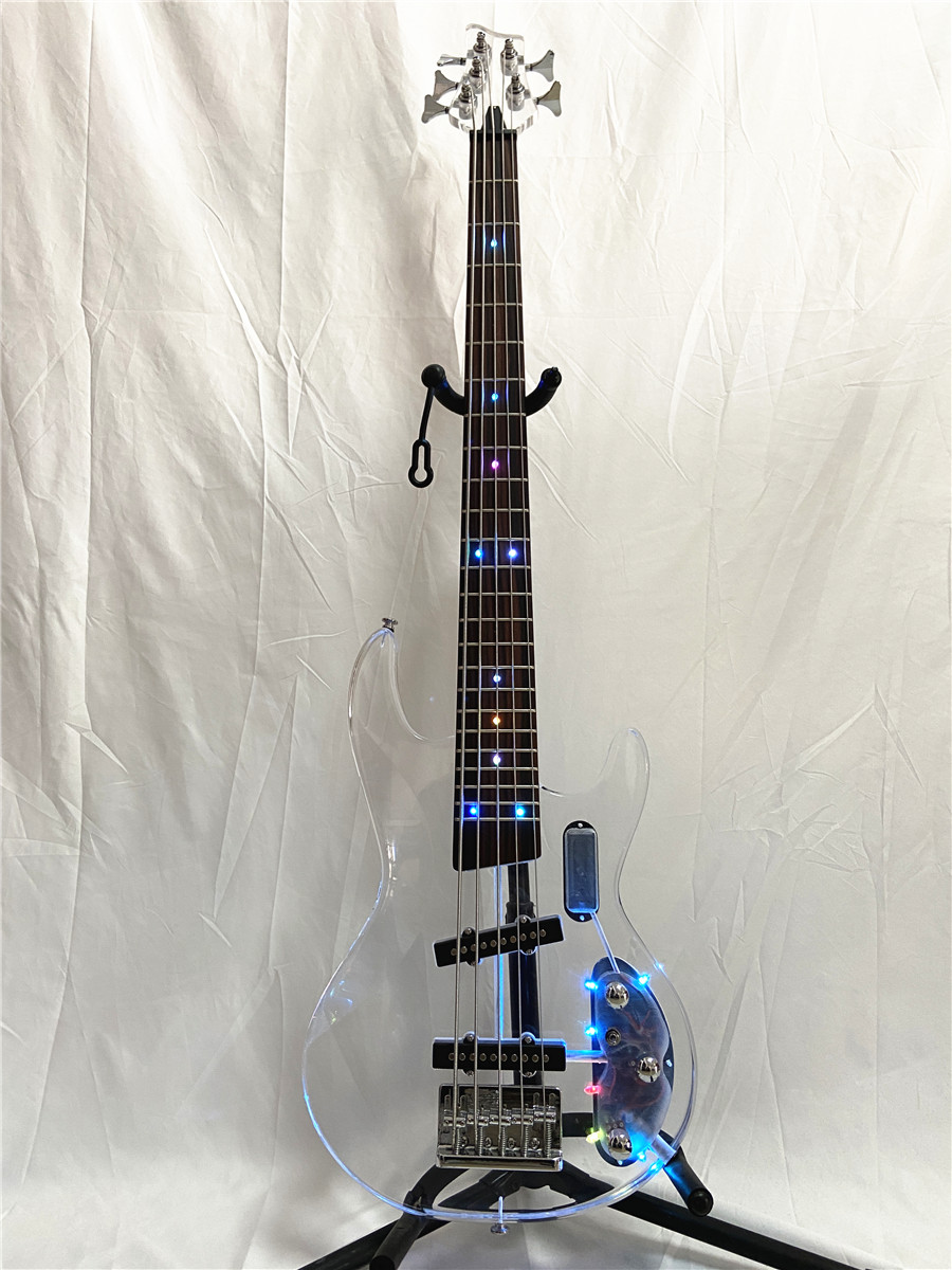 

New 5-string Acrylic Transparent Plexiglass Electric Bass Guitar LED Color Flashing Chrome Tremolo Bridge
