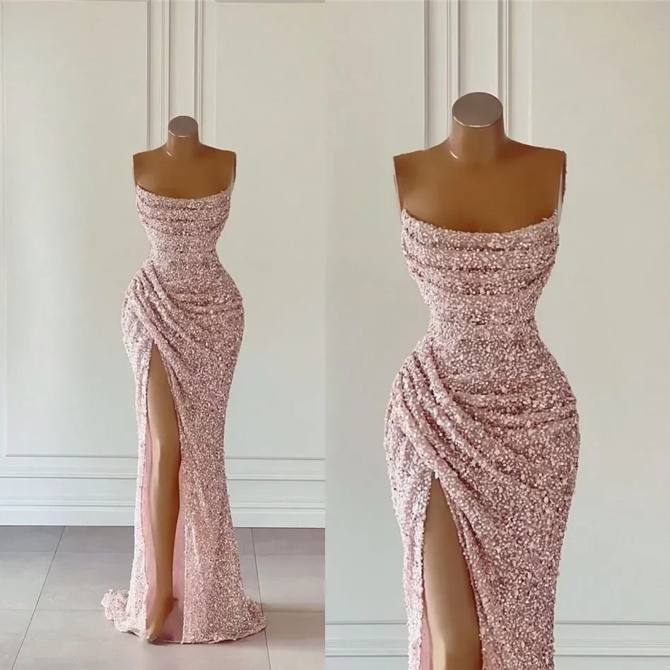 

Rose Gold Pink Sequins Prom Dresses Sexy Mermaid Strapless Split High Evening Gowns African Girls Formal Party Occasion Gowns Custom MadeBC15182, Yellow