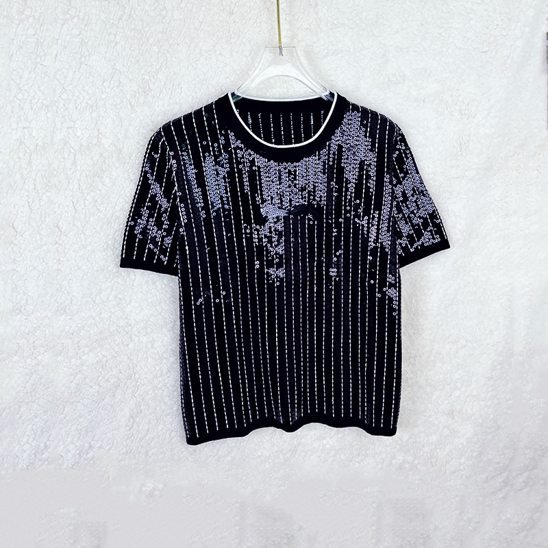 

305 2023 Brand SAme Style Sweater Short Sleeve Women' Sweaters Crew Neck Sequins Pullover Fashion Clothes xue, Black