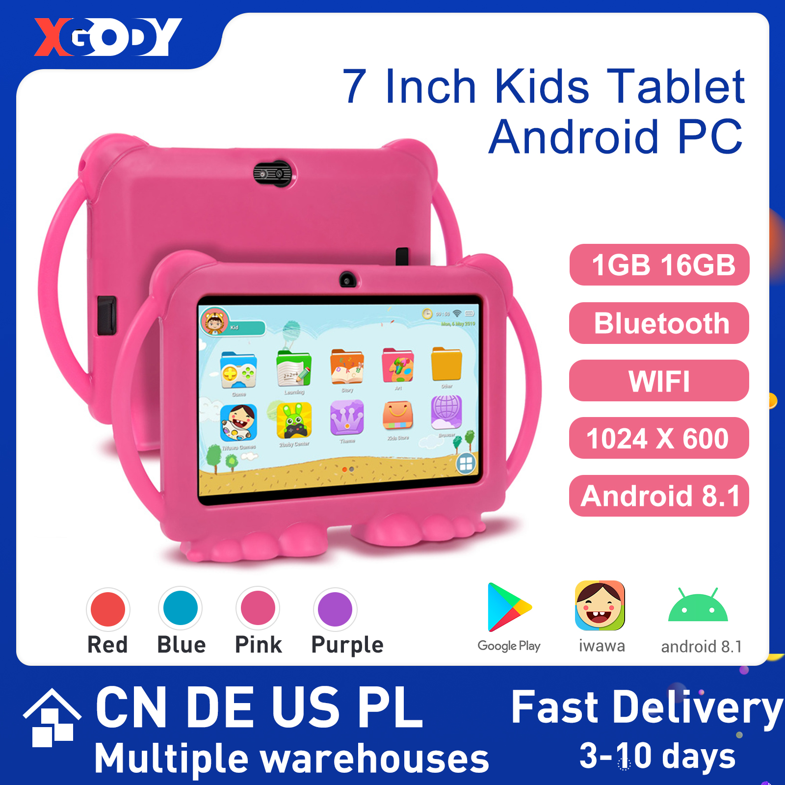 

XGODY 7 Inch Kids Tablet PC Android 8.1 Children Learning Tablet 1GB 16GB Quad Core 1024x600 Tablets With Silicone Case WiFi, Purple