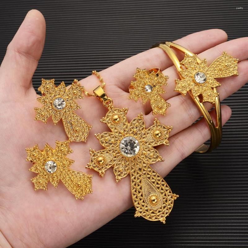 

Necklace Earrings Set Jewelry Gold Color Luxury Ethiopian Eritrean Rhinestone Cross Pendant Wedding Classical Habesha Gifts, Picture shown
