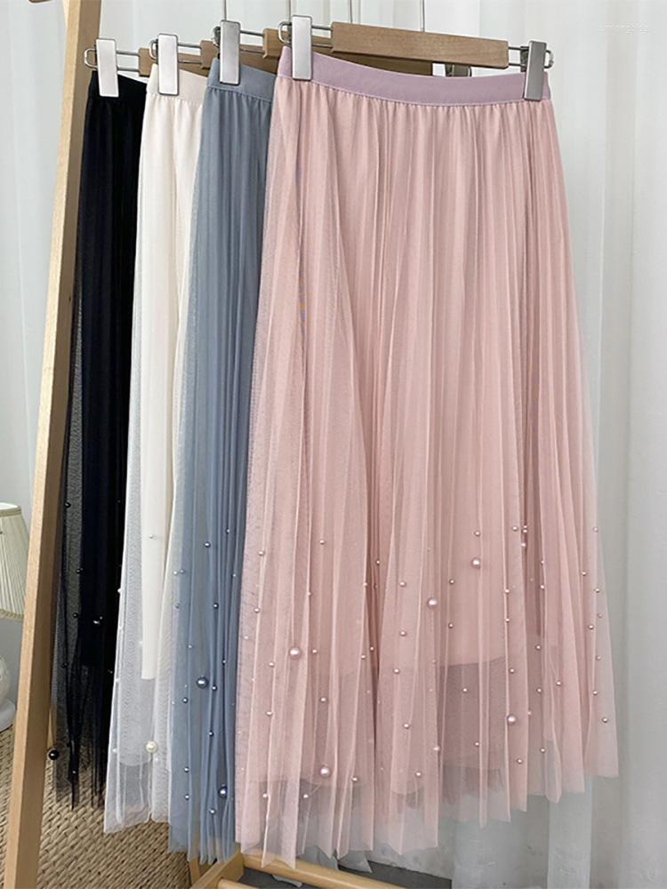 

Skirts Spring Summer 2023 Women Fashion Faux Pearl Beaded Tulle Pleated Midi Skirt Casual Elastic High Waist Womens, Beige