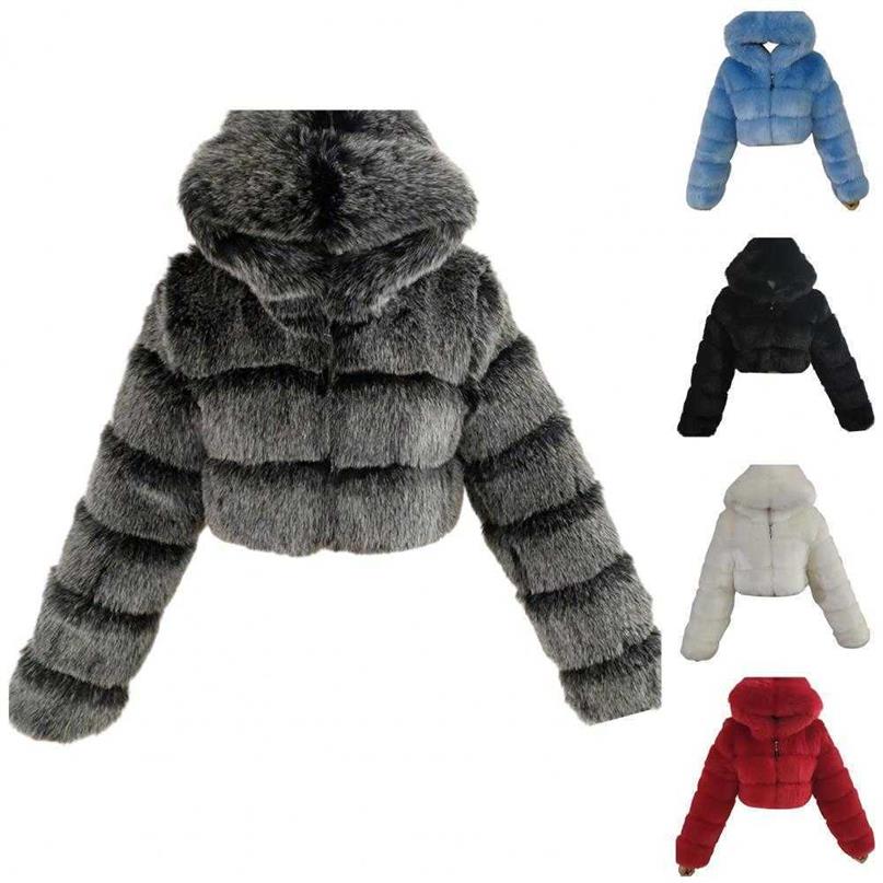 

Women Fashion Winter Faux Fur Cropped Coat Fluffy Zip Hooded Warm Short Jacket G1015266j, Black