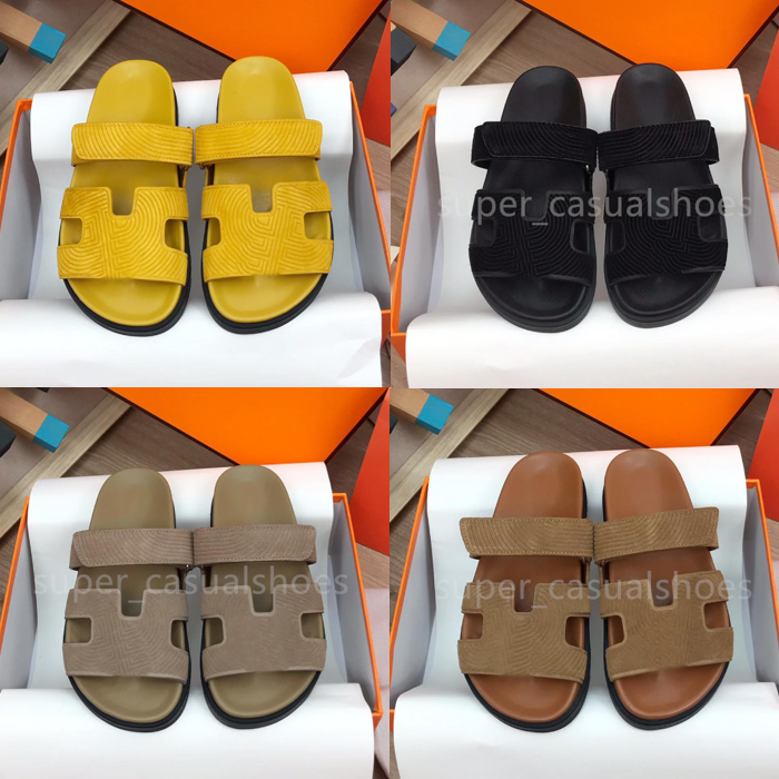 

New Designer Chypre H Slippers Beach Classic Flat Sandals Summer Men Leather Flip Flops Men Slides Size 38-44 With Box