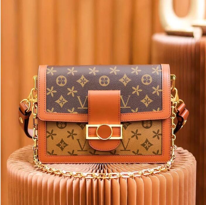 

M45958 M45959 2 Size Mini DAUPHINE flower bags lady luxury tote handbag fashion louvis clutch flap purse Leather crossbody designer Shoulder metal chain Wallet bag, Deep brown