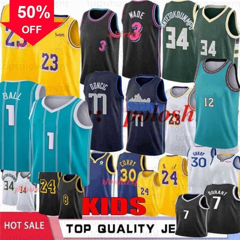 

Mens Youth Kids Kevin Durant 7 Basketball Jerseys Giannis Antetokounmpo 34 Black Stephen Curry 30 Doncic Dwayne Wade 3 Ja Morant LaMelo Ball, As photo