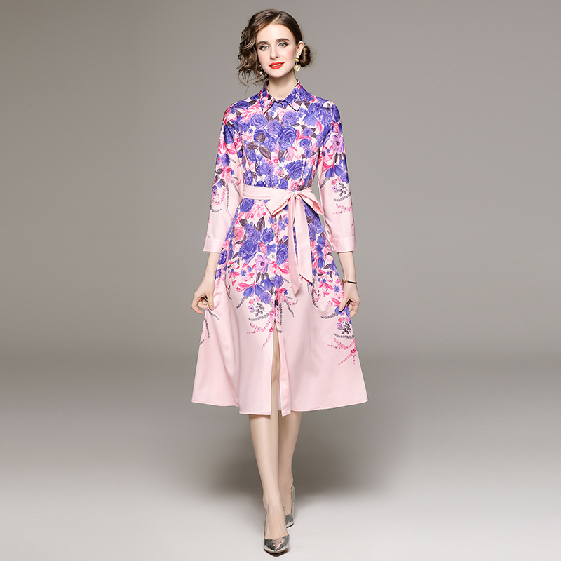 

Purple Floral Shirt Dresses Women Designer Long Sleeve Lace Up Bow Elegant Party Loose Big Swing Dress Casual Resort 2023 Cute Lady Office Chic Slim Midi A-Line Frocks